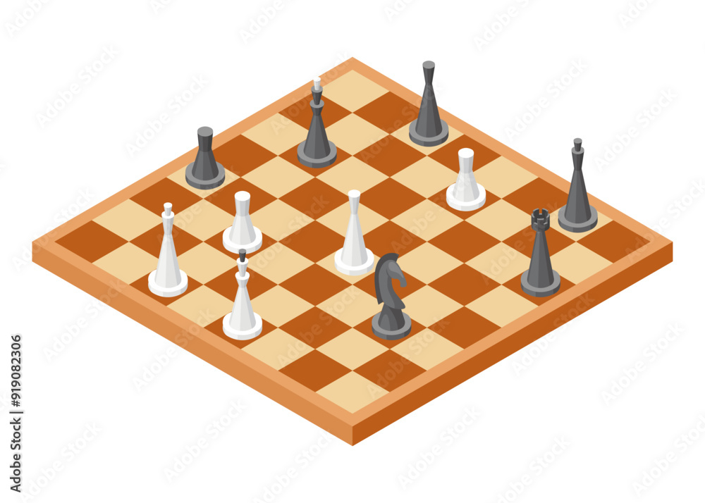 Board game, flat isometric view. Isolated colored icon of chessboard. Cartoon family table game for adults and kids for leisure and recreation. Vector illustration. Board game, flat isometric view. Isolated colored icon of chessboard. Cartoon family table game for adults and kids for leisure and recreation. Vector illustration.