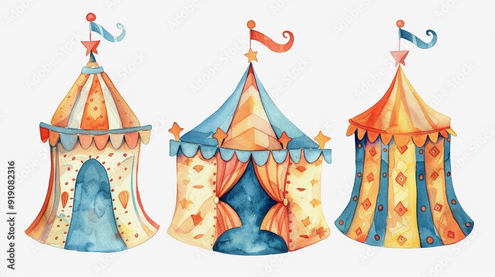 Circus posters plastered on walls,Clipart, watercolor illustration, Perfect for nursery art The style is hand drawn, white background Circus posters plastered on walls,Clipart, watercolor illustration, Perfect for nursery art The style is hand drawn, white background