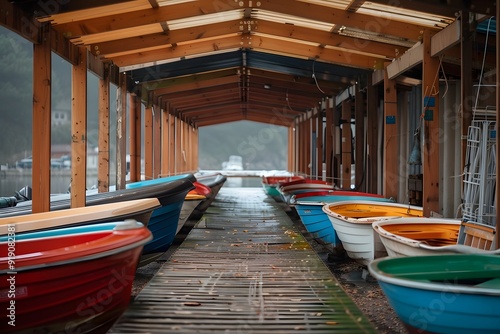 Tranquil Dockside Scene with Colorful Boats Under a Wooden Canopy