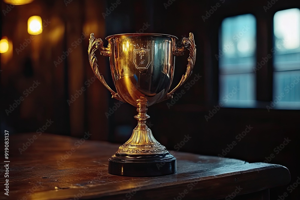 A gold trophy sits on a wooden table. This image is perfect for representing success, victory, or achievement in a competition or award ceremony.