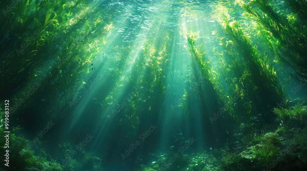 Fototapeta premium Sunlight Beams Through Underwater Kelp Forest