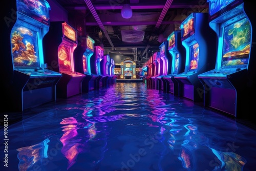Aqua Arcade: Arcade games with water elements and vibrant lights.