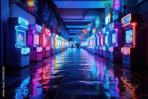 Aqua Arcade: Arcade games with water elements and vibrant lights.