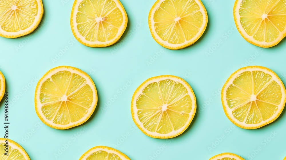 A lively pattern of lemon slices on a pastel green background, radiating freshness A lively pattern of lemon slices on a pastel green background, radiating freshness