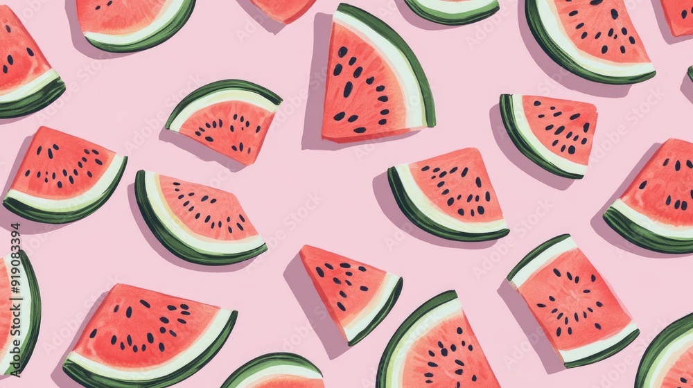 A juicy watermelon slice pattern on a pastel pink background, full of summer vibes. A juicy watermelon slice pattern on a pastel pink background, full of summer vibes.