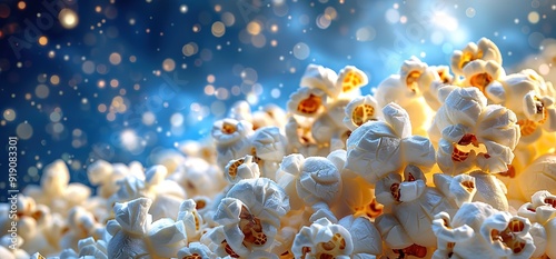 A close up image of a large pile of freshly popped popcorn with a blue and white bokeh background, perfect for any movie night or snack related project.
