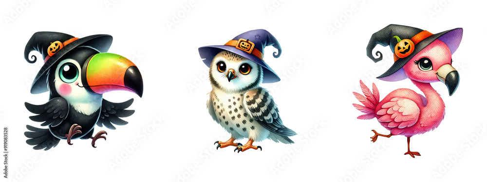 Obraz premium Cute birds wearing Halloween witch hats, isolated on transparent background