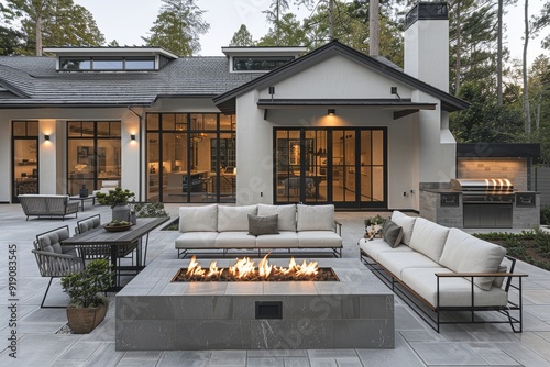 Modern farmhouse outdoor patio with light grey marble flooring, black walls and roof, wood furniture, natural stone fire pit, built-in couches, and bar table, near forested backyard and water  photo