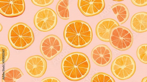 A lively pattern of orange slices on a pastel pink background, bursting with citrus freshness.