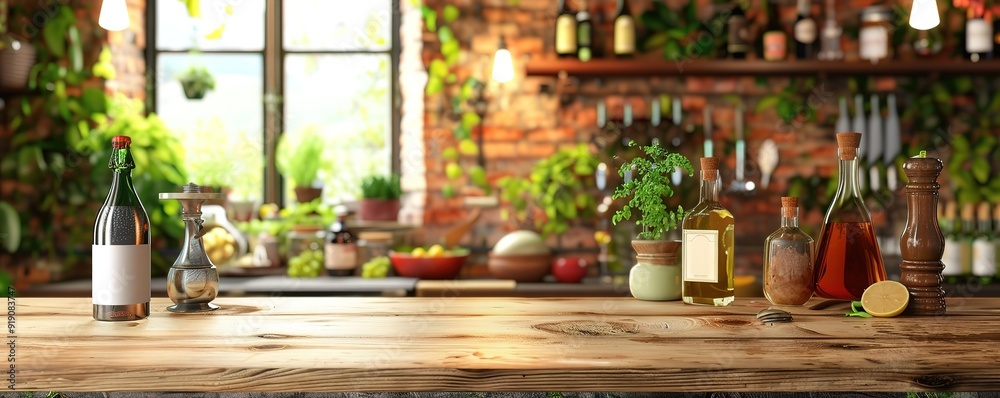 Rustic kitchen counter with wooden countertop, wine bottles, herbs, and spices. Perfect for food and drink photography. Rustic kitchen counter with wooden countertop, wine bottles, herbs, and spices. Perfect for food and drink photography.