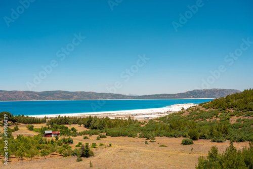 Turquoise colored Salda Lake located in Burdur Turkey. Turkish name Salda Golu