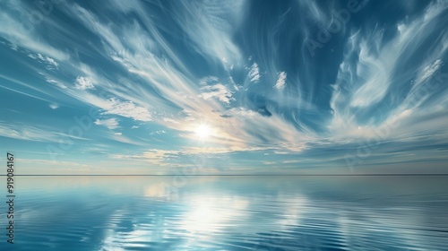 Wispy altostratus clouds diffusing the sunlight over a peaceful lake, creating a soft, ethereal glow on the water's surface. photo