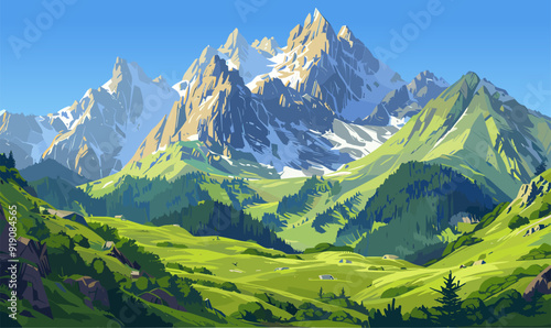 Magic mountain horizontal landscape. Fantasy magic panoramic view. High green peaks. Green meadows in the front. Clean blue sky. Nature outdoors background. Cartoon style vector illustration