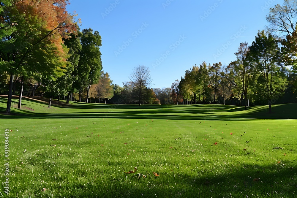 Fototapeta premium Serene Autumn Landscape with Lush Green Grass and Colorful Trees