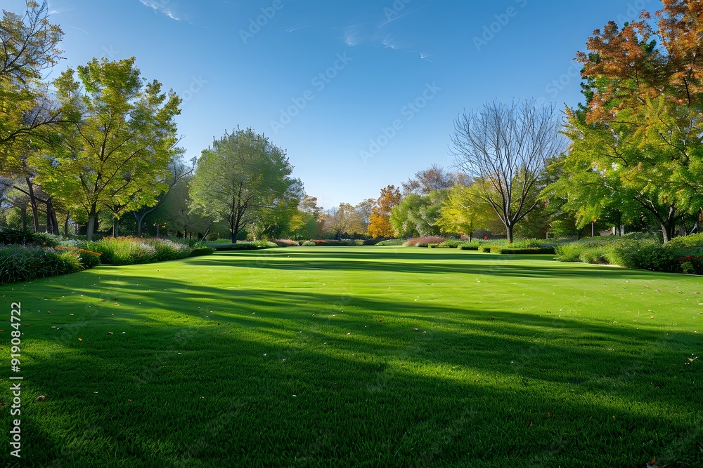 Serene Park Landscape with Lush Green Grass and Vibrant Autumn Foliage Serene Park Landscape with Lush Green Grass and Vibrant Autumn Foliage