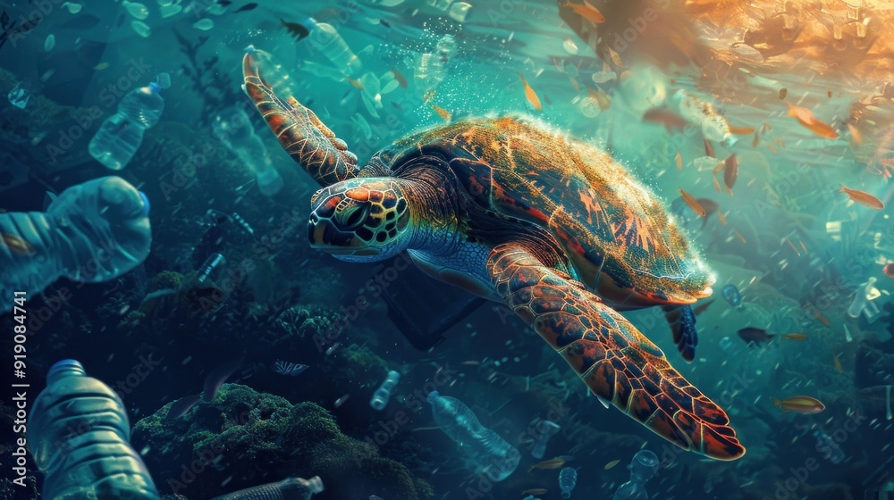 Obraz premium Sea Turtle Amidst Plastic Pollution