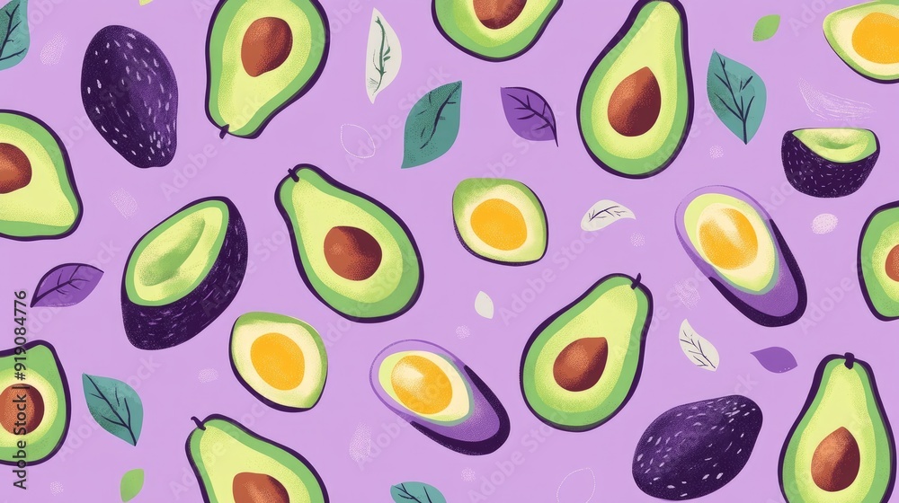 A playful avocado pattern on a pastel lavender background, perfect for food-related designs with a fresh twist. A playful avocado pattern on a pastel lavender background, perfect for food-related designs with a fresh twist.
