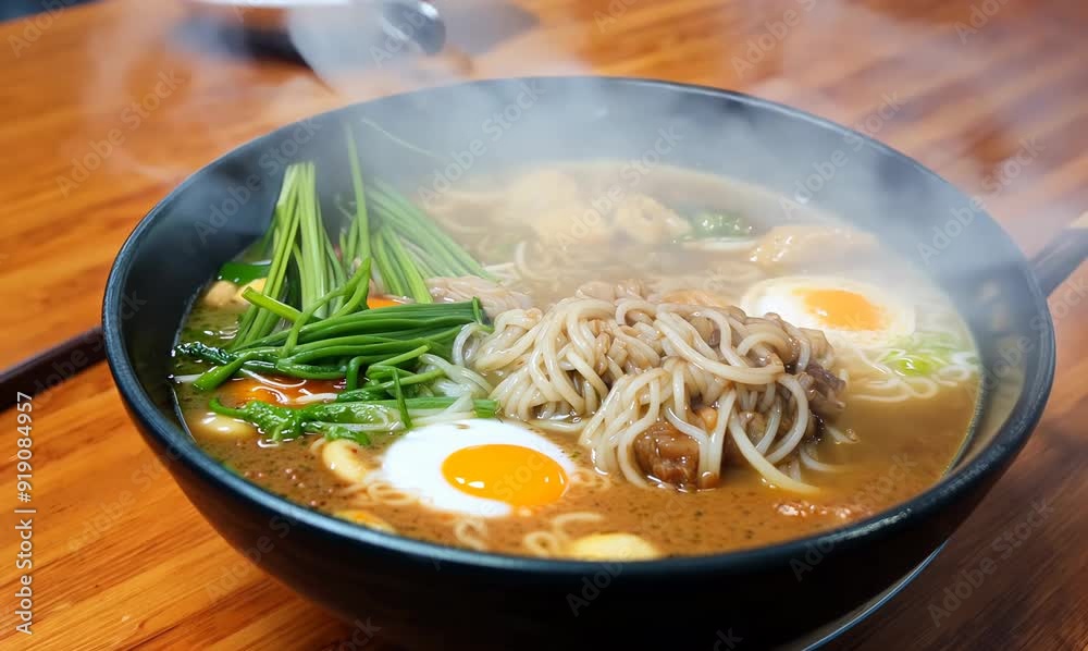 Japanese ramen noodle soup with pork and egg on wooden table Japanese ramen noodle soup with pork and egg on wooden table