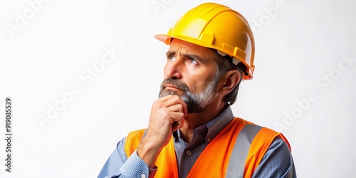A concerned construction worker in orange safety vest and yellow hard hat touches his head, deep in thought, against a plain white background.