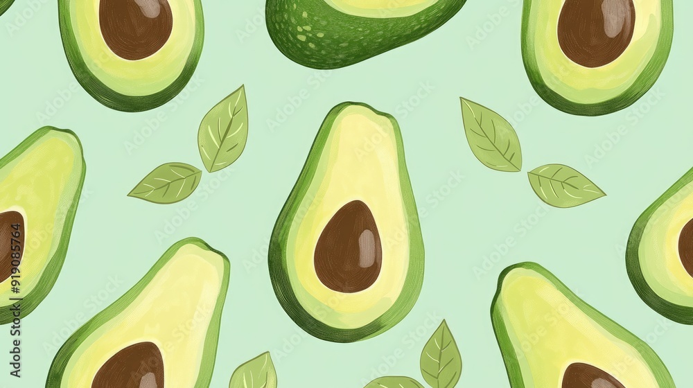 A seamless pattern of fresh avocados on a pastel green background, perfect for health and wellness themes.