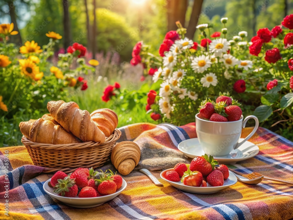 a colorful blanket spread with fresh strawberries, flaky croissants, and blooms in a lush garden, basking in warm sunlight on a serene morning. a colorful blanket spread with fresh strawberries, flaky croissants, and blooms in a lush garden, basking in warm sunlight on a serene morning.
