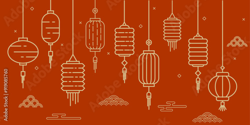 Line illustration lantern, lantern on red background