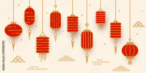 Line illustration lantern, lantern on red background