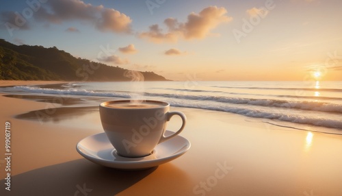 A cup of coffee in the morning at the beach