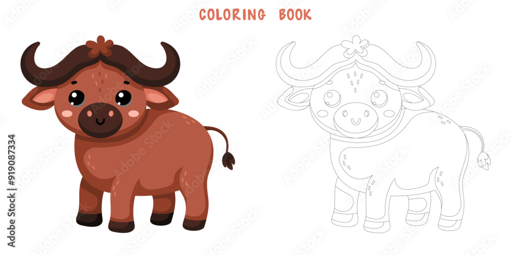 Fototapeta premium Coloring book of cute African wild buffalo in scandinavian style isolated on white background. Coloring page of pretty animal. Vector cartoon illustration.