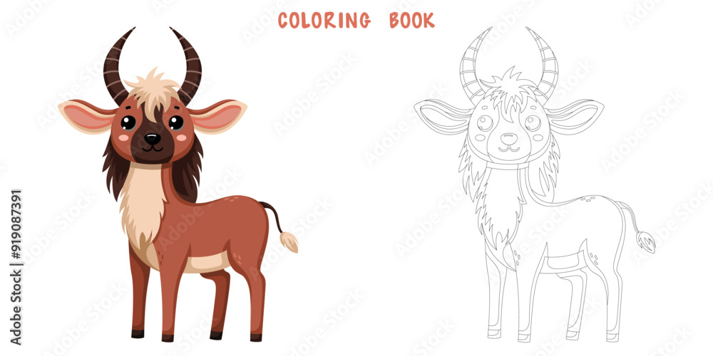 Coloring book of cute African wild wildebeest in scandinavian style isolated on white background. Coloring page of pretty animal. Vector cartoon illustration. Coloring book of cute African wild wildebeest in scandinavian style isolated on white background. Coloring page of pretty animal. Vector cartoon illustration.