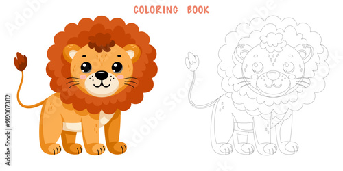 Coloring book of cute African wild lion in scandinavian style isolated on white background. Coloring page of pretty animal. Vector cartoon illustration.