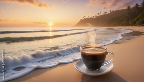 A cup of coffee in the morning at the beach