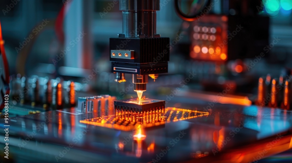 High-Tech Robotic Arm Assembling Microchip on Circuit Board in Modern Electronics Manufacturing Facility High-Tech Robotic Arm Assembling Microchip on Circuit Board in Modern Electronics Manufacturing Facility