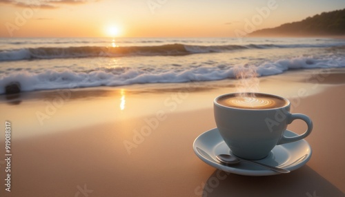 A cup of coffee in the morning at the beach