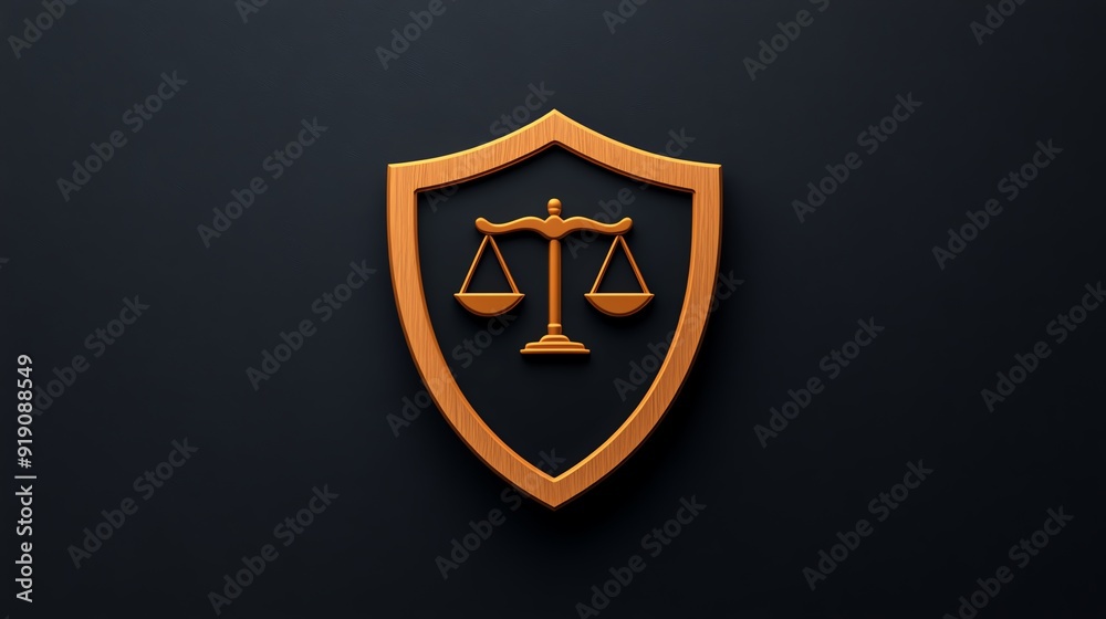 Justice and equality symbols on a shield, moral protection, flat design illustration