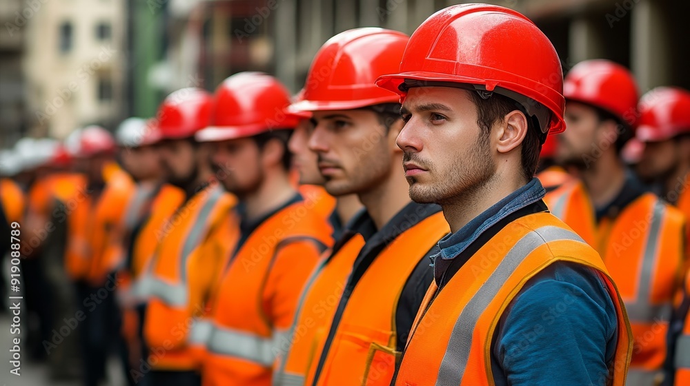 A group of workers in safety gear stands in formation, emphasizing teamwork and safety in an industrial setting. A group of workers in safety gear stands in formation, emphasizing teamwork and safety in an industrial setting.
