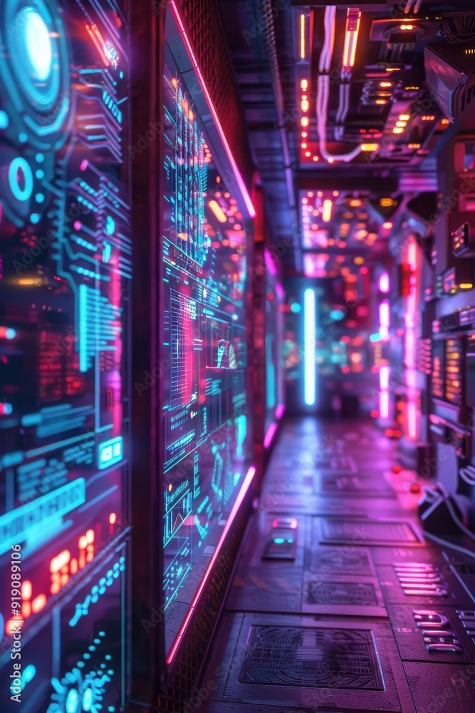 Futuristic Neon Cyberpunk Corridor with Digital Interfaces and Vibrant Lighting in a High-Tech Environment Futuristic Neon Cyberpunk Corridor with Digital Interfaces and Vibrant Lighting in a High-Tech Environment