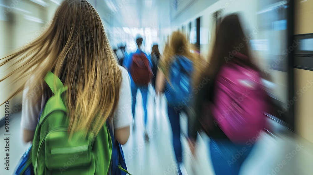 A blurred photo of students walking in the school building A blurred photo of students walking in the school building