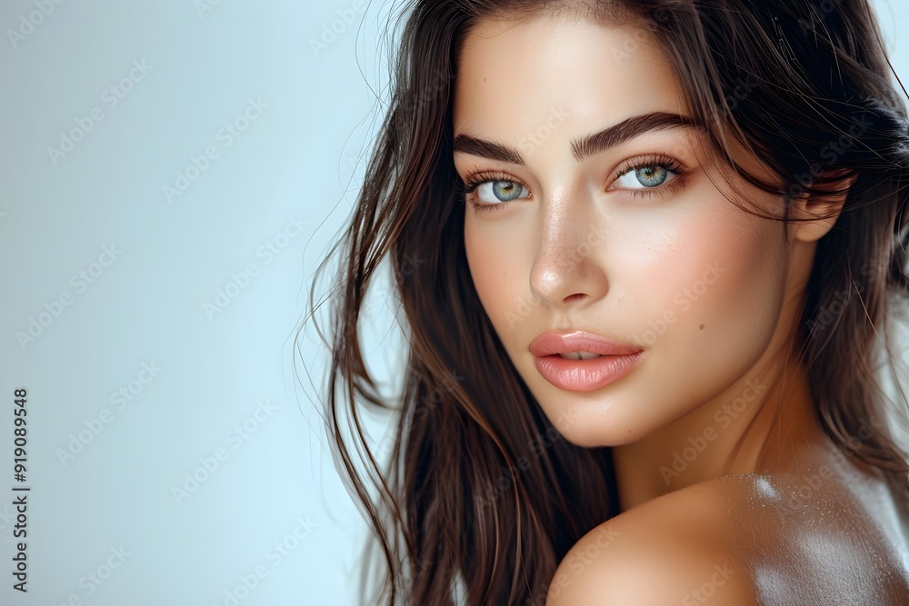 Captivating Portrait of a Young Woman with Radiant Skin and Striking Features Captivating Portrait of a Young Woman with Radiant Skin and Striking Features
