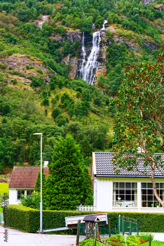 Norway village house and waterfall photo