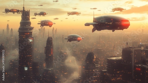 Futuristic Cityscape with Flying Vehicles at Sunset