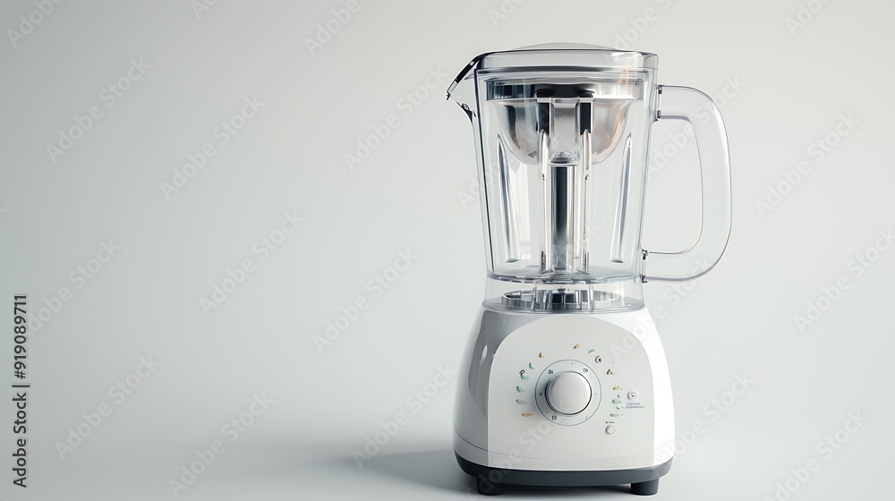 A modern electric blender with a clear pitcher on a white background. A modern electric blender with a clear pitcher on a white background.