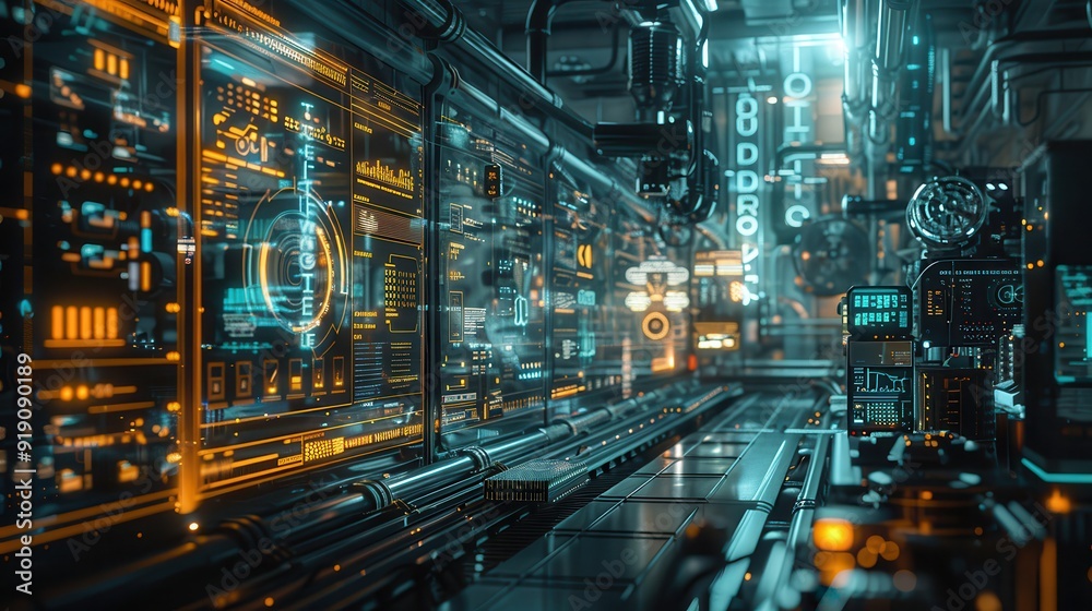 Futuristic Cyberpunk Data Center with Neon Lights and Advanced Technology Interfaces Futuristic Cyberpunk Data Center with Neon Lights and Advanced Technology Interfaces