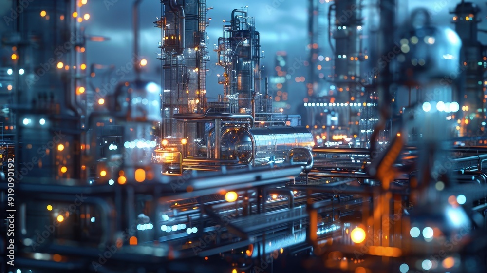 Fototapeta premium Futuristic Industrial Complex at Night with Illuminated Machinery and Advanced Technology