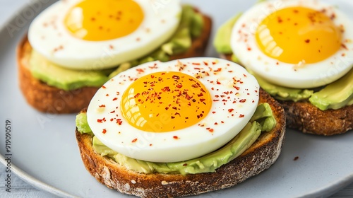 Eggs and avocado toast with a sprinkle of red pepper flakes photo