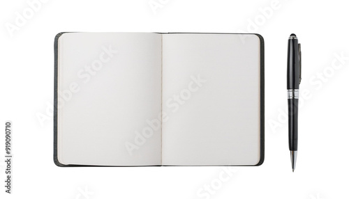 A blank notebook with an open page and a pen, ideal for writing, drawing, or brainstorming creative ideas.