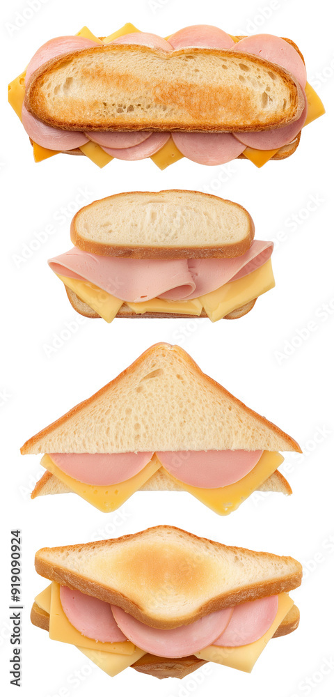 A delicious sandwich feature with layers of ham and cheese between toasted bread showcasing appetizing presentation. A delicious sandwich feature with layers of ham and cheese between toasted bread showcasing appetizing presentation.