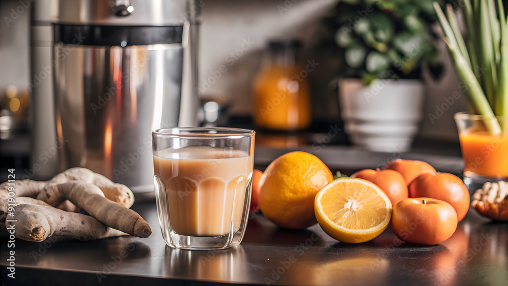 A refreshing scene of a glass of freshly squeezed juice placed on a countertop, surrounded by the ingredients used to make it, such as oranges, carrots, and ginger. The setting could include a juicer A refreshing scene of a glass of freshly squeezed juice placed on a countertop, surrounded by the ingredients used to make it, such as oranges, carrots, and ginger. The setting could include a juicer