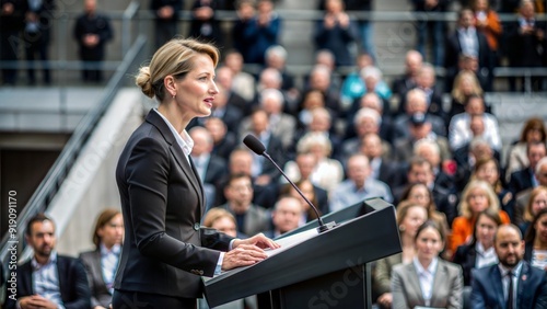 Female Politician Giving Speech on Stage - A woman delivering an important speech on a stage to a large audience.
 photo