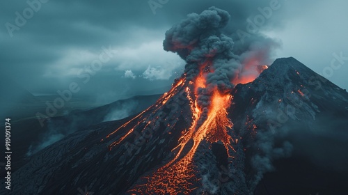 A massive volcanic eruption that sees lava flowing down the sides and smoke billowing into the sky.